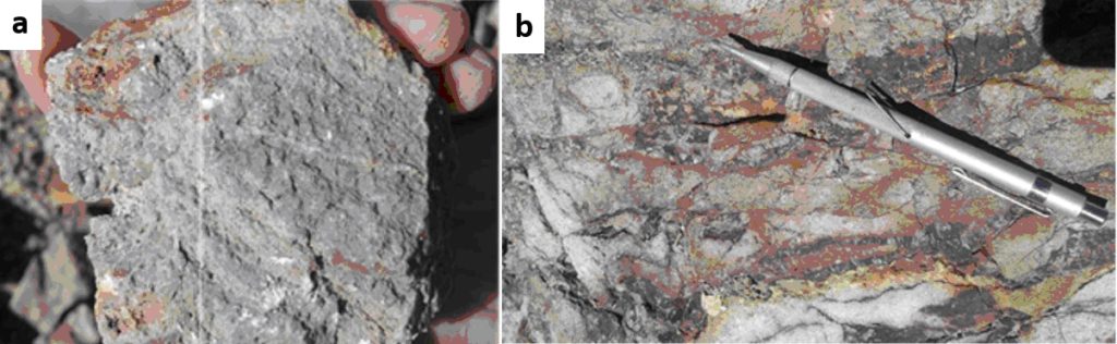 Figure 2. a. - massive fine quartz with patchy saccharoidal alunite; b. - Quartz-hematite veins.